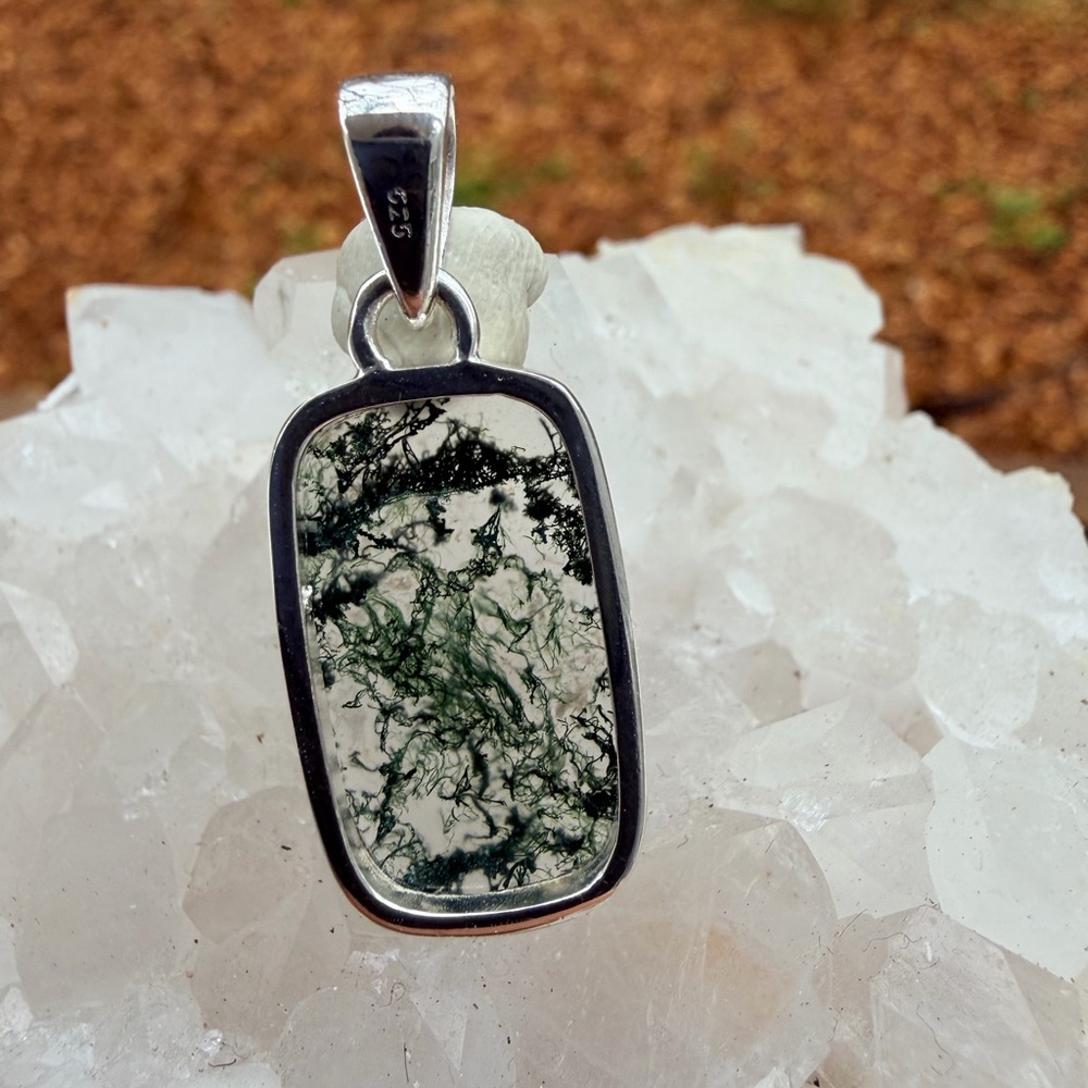 Moss Agate 925 Sterling Silver Rectangular Pendan… - image 5